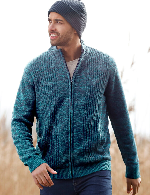 Gilet col montant zippé en tricot, corps doublé polaire (bleu canard mouliné) Gilet col montant zippé en tricot, corps doublé polaire (bleu canard mouliné)